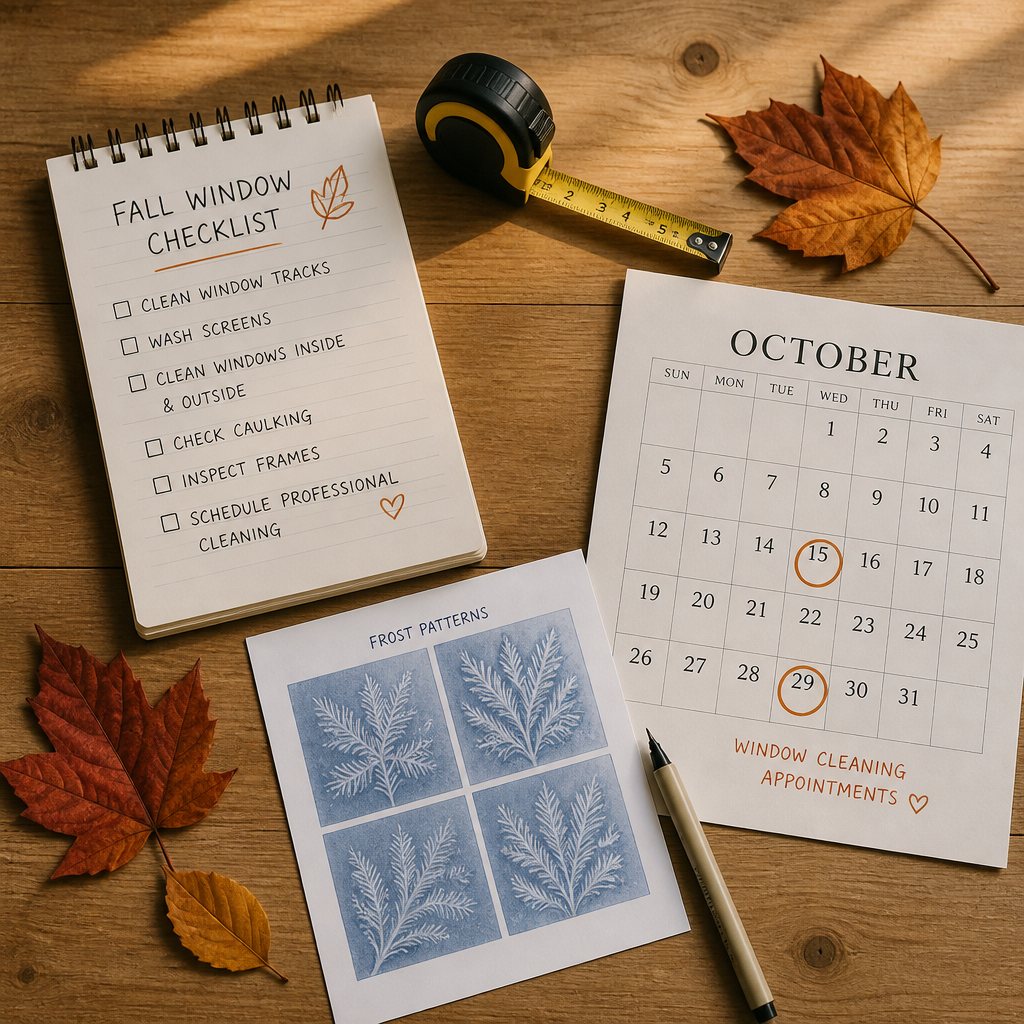 Arranged collection of fall window cleaning planning items including checklist, calendar, and seasonal references on wood surface.
