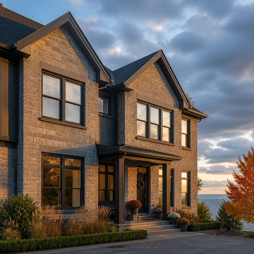 Residential home exterior in autumn light showing windows before and after seasonal preparation, with regional weather atmosphere.