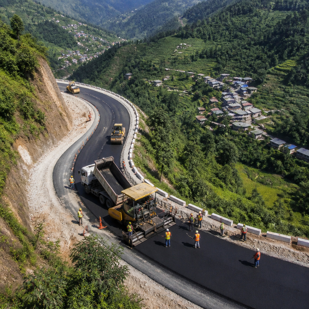 Construction of a mountain road with workers and heavy machinery, showing sustainable infrastructure development in a rural landscape