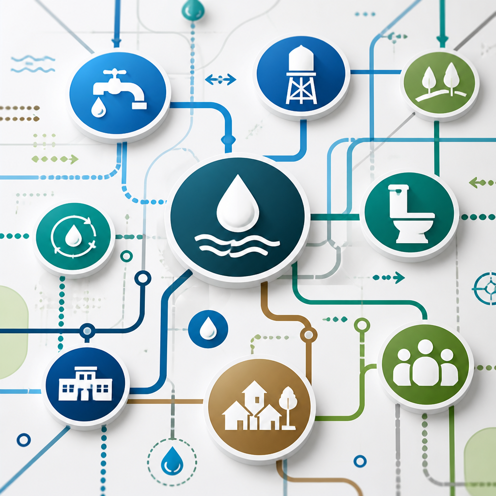 Abstract diagram showing connected infrastructure systems including water, sanitation, and community networks through geometric icons and flowing lines