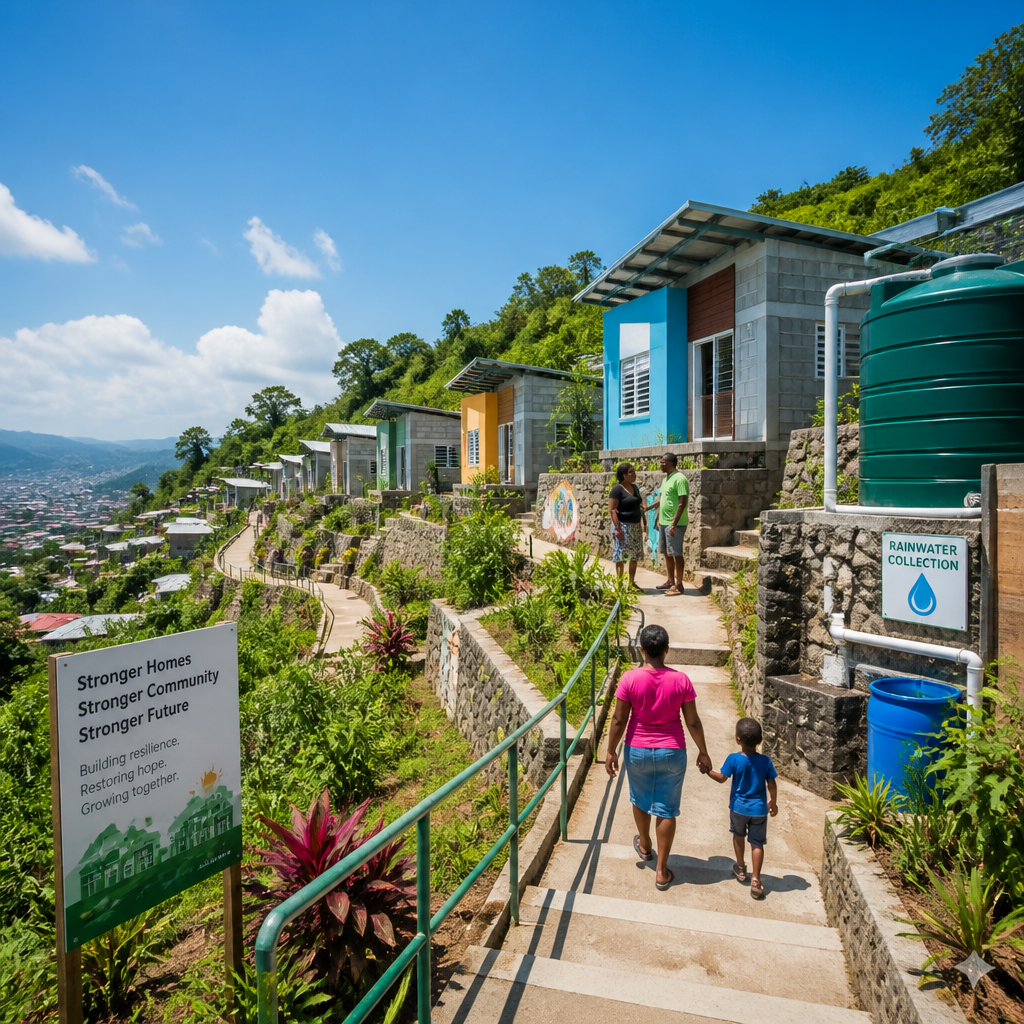 Hillside community showing improved housing, water infrastructure systems, and restored pathways demonstrating sustainable urban development