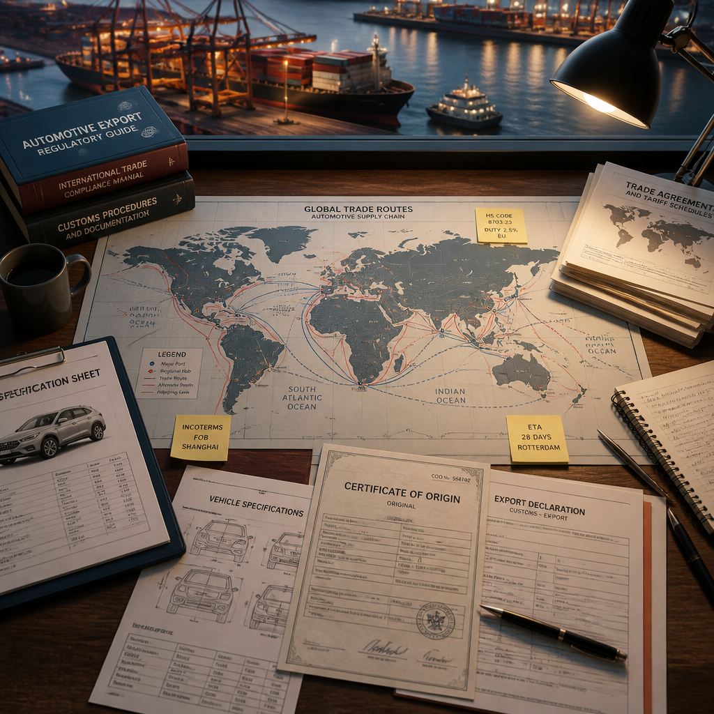 Global trade route and export documentation layout representing international armored vehicle logistics