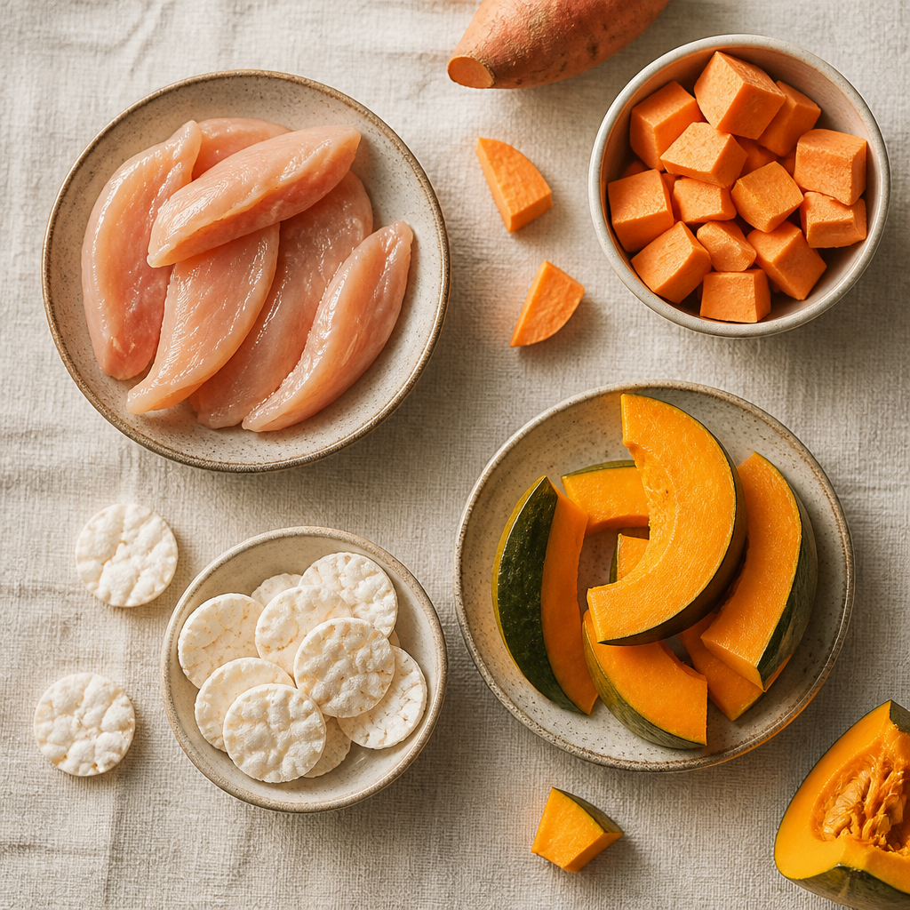 Simple, wholesome dog treat ingredients laid out for comparison