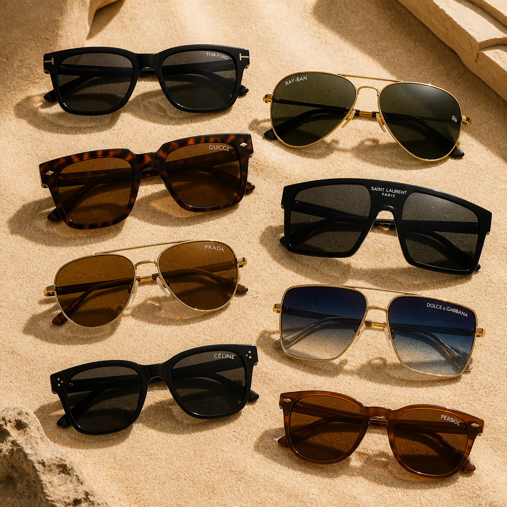 Luxury men's designer sunglasses in various styles displayed on sand texture with natural lighting