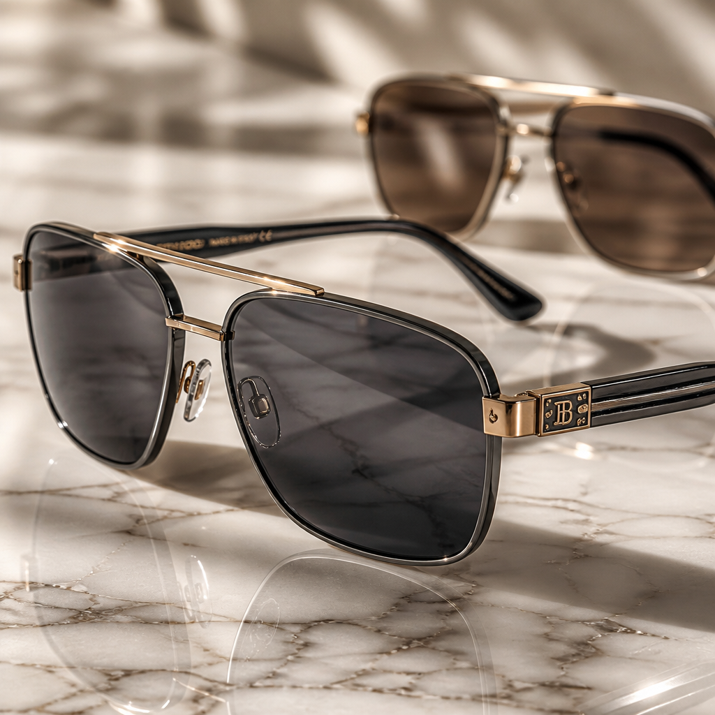 Close-up detail of designer sunglasses frame on marble surface highlighting craftsmanship