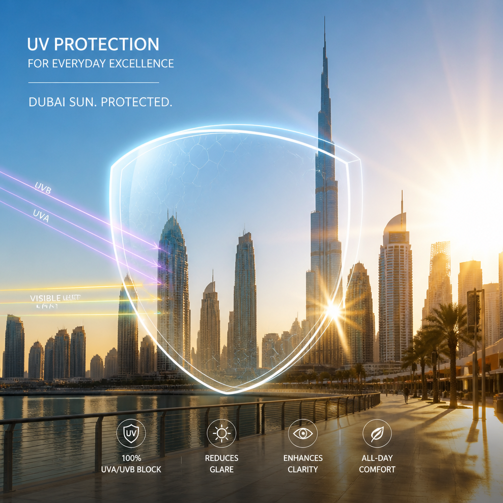 Dubai skyline at golden hour with abstract graphic showing UV protection and intense sunlight conditions