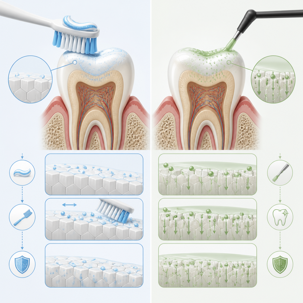 Scientific illustration comparing how fluoride varnish and toothpaste work on tooth structure