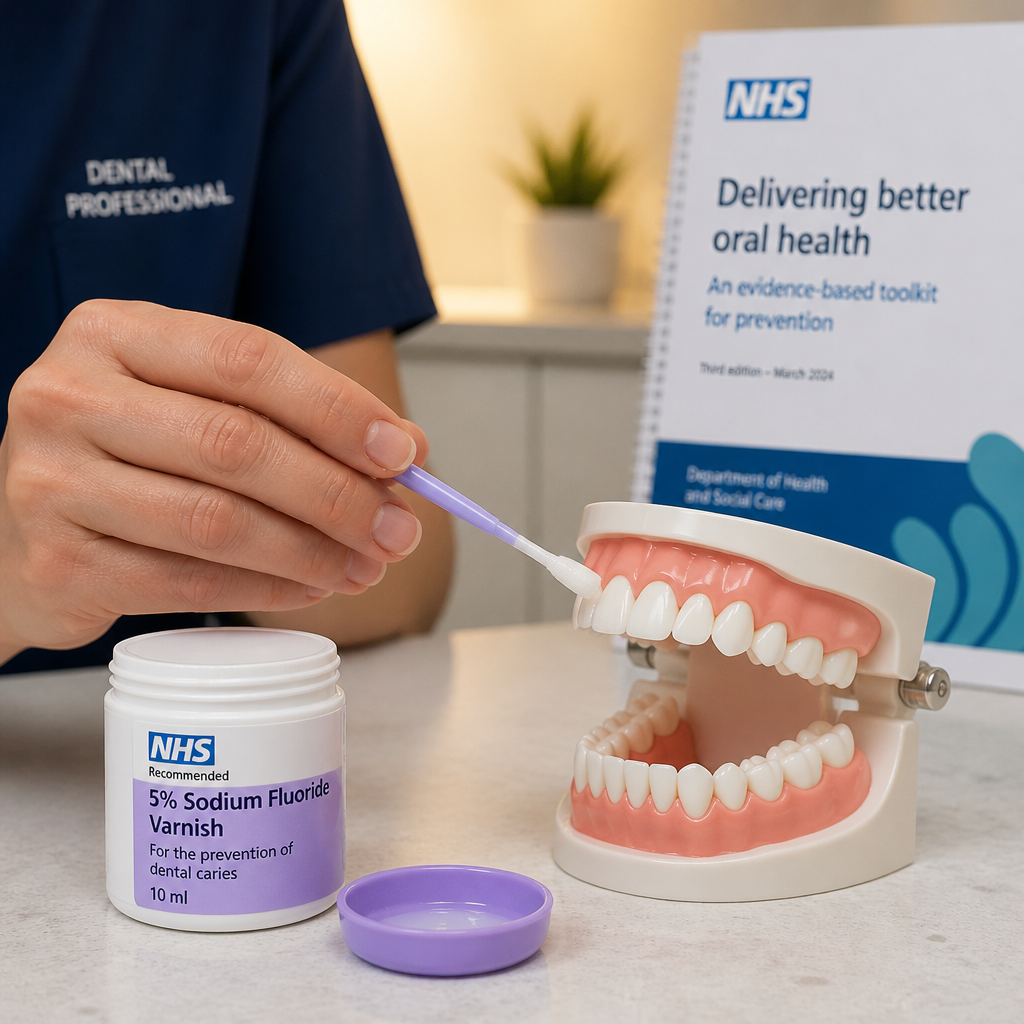 Dental professional demonstrating fluoride varnish application technique on clinical model