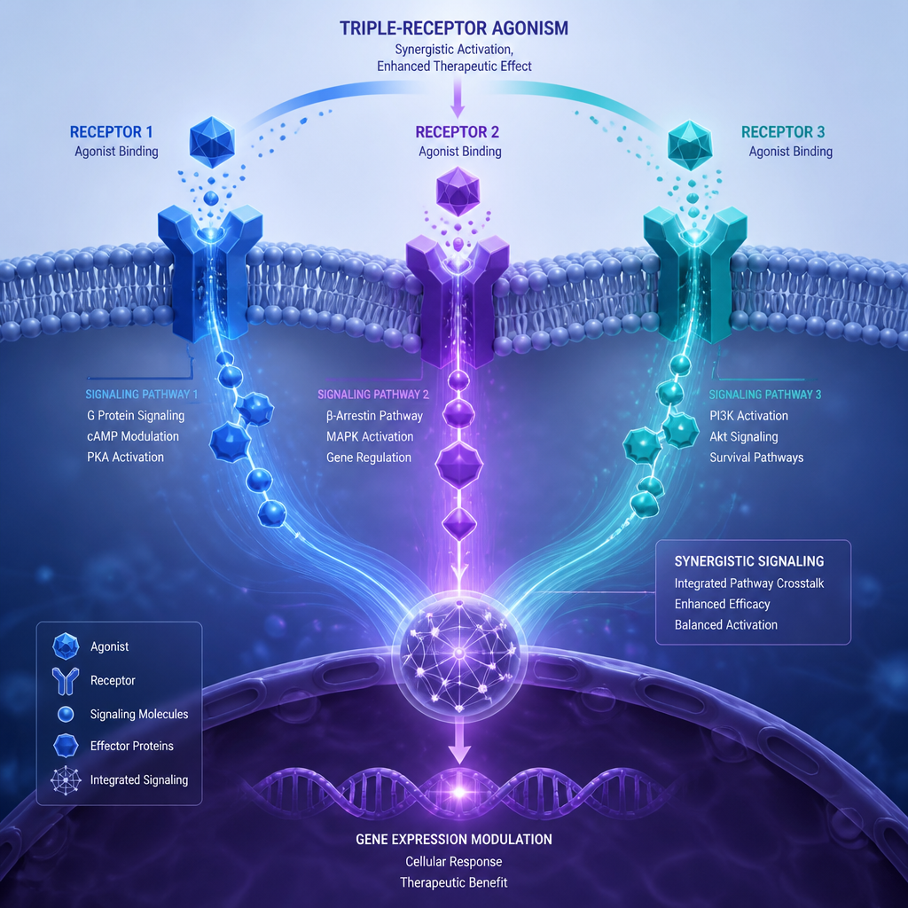 Abstract visualization of triple-receptor agonism molecular mechanism