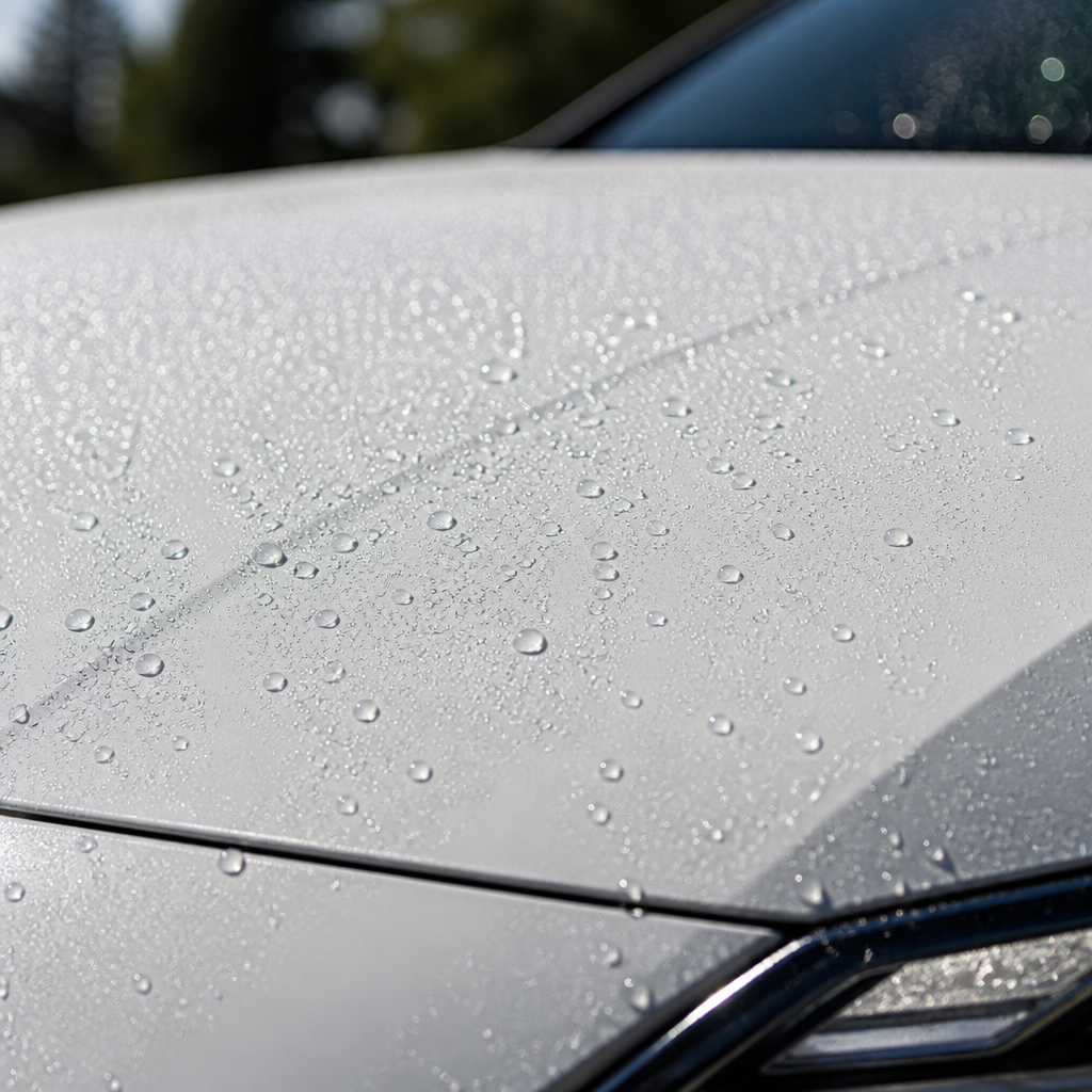 Close-up of white car paint with water beads and protective coating