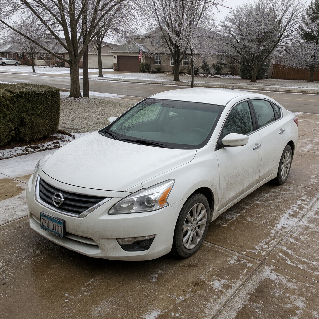 White car parked in winter suburban driveway with salt and seasonal exposure