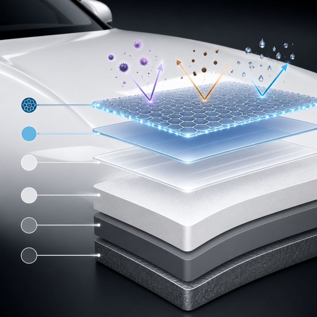 Layered illustration of car paint and protective coating structure