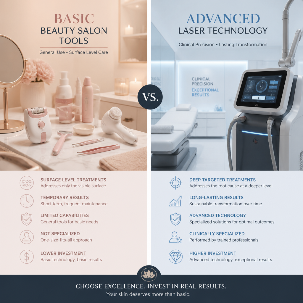 Side-by-side comparison of consumer beauty tools versus clinical laser technology