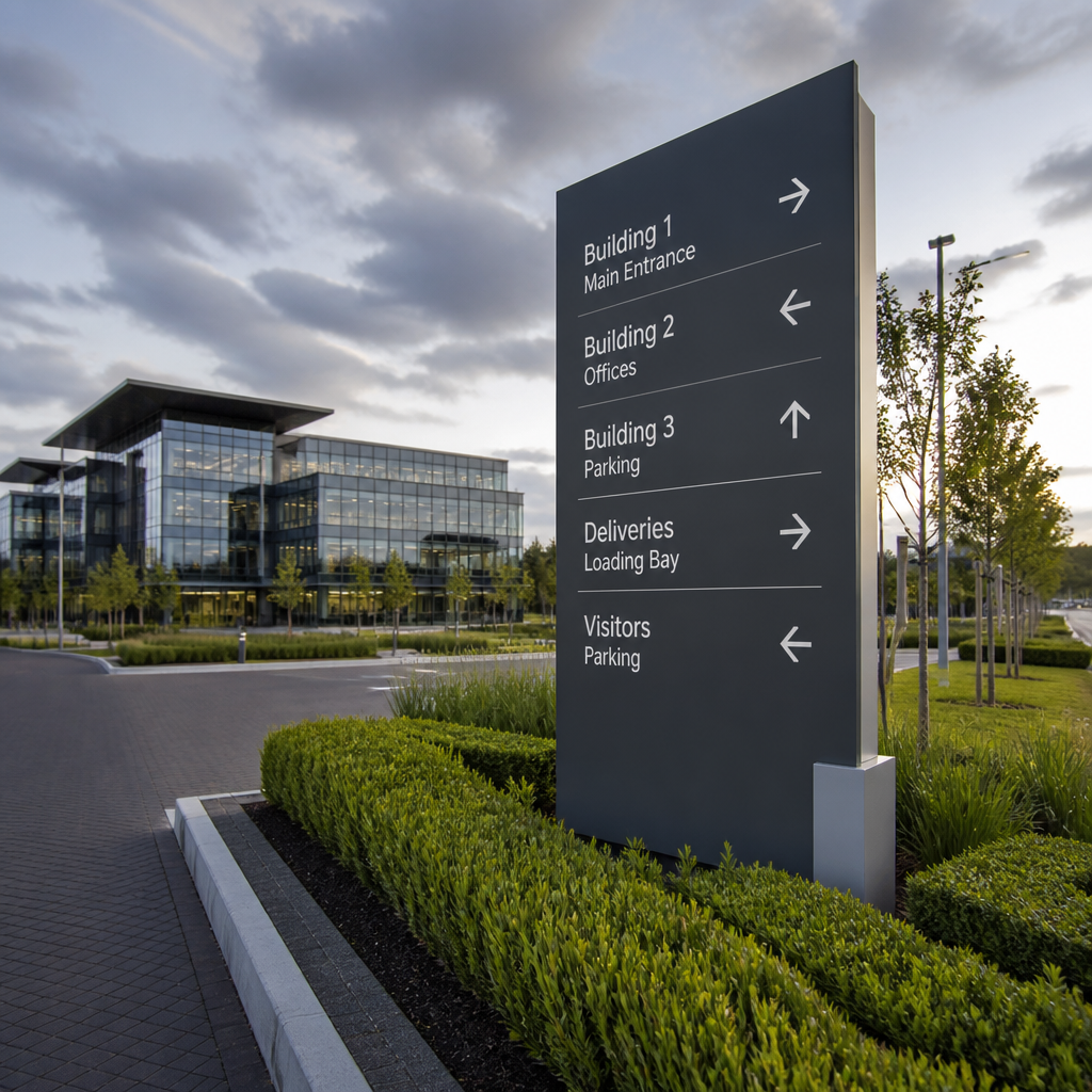 Modern corporate pylon sign at a Gauteng business park entrance with directional information and landscaping