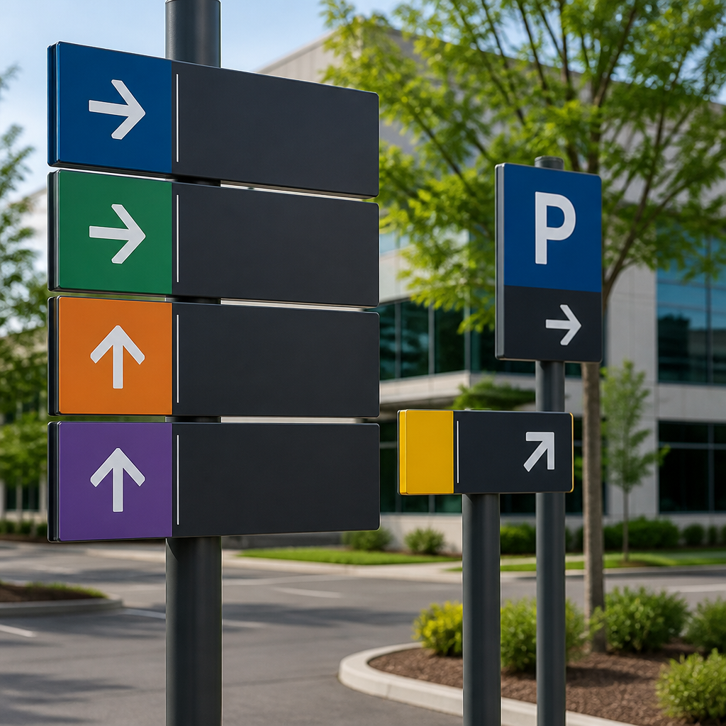 Color-coded wayfinding signage system in a business park parking lot showing directional arrows and office suite numbering