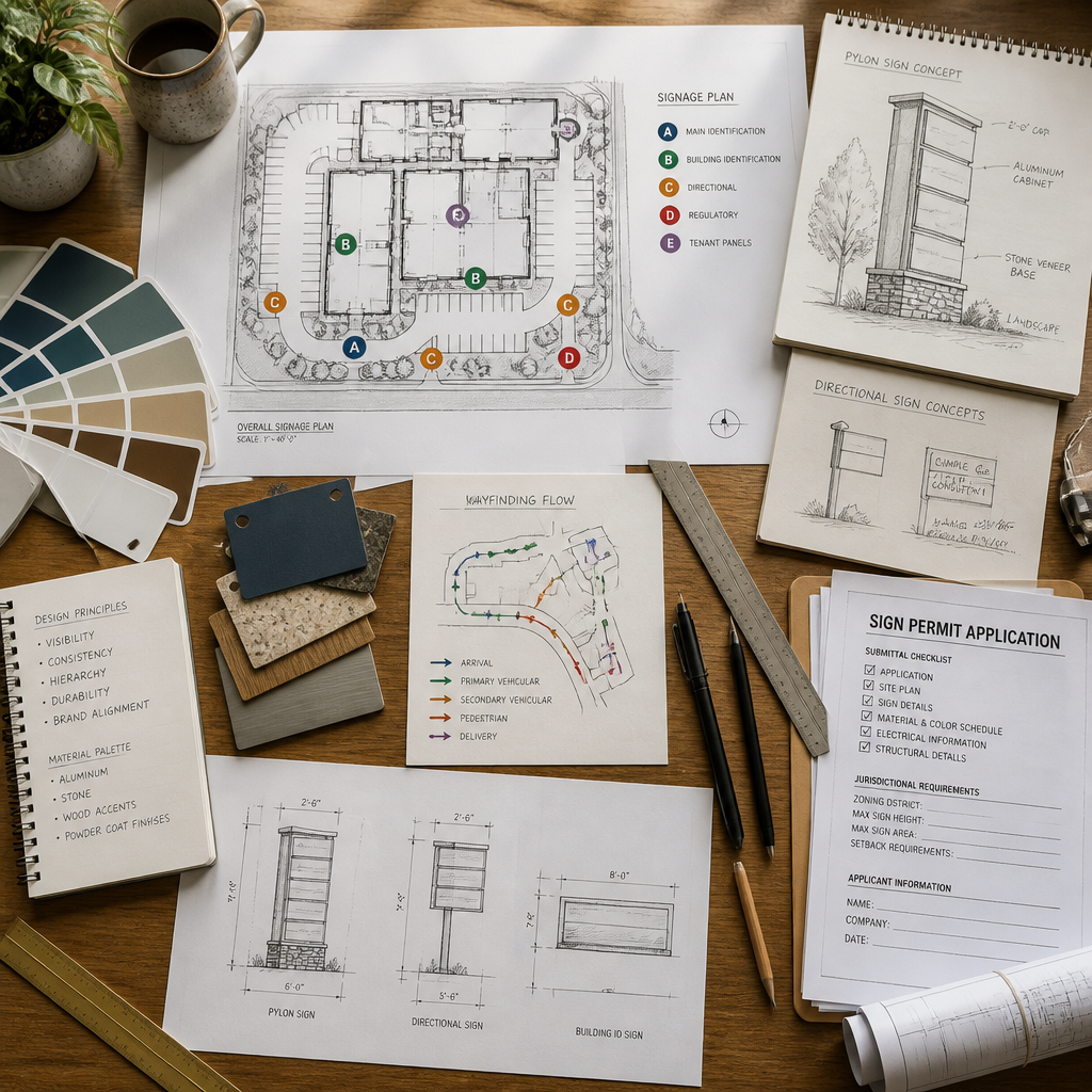 Signage planning materials and architectural documents for a business park layout project displayed on a workspace
