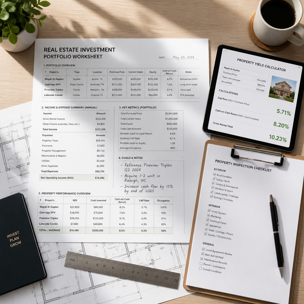 Investment portfolio documents and yield calculations on a desktop workspace