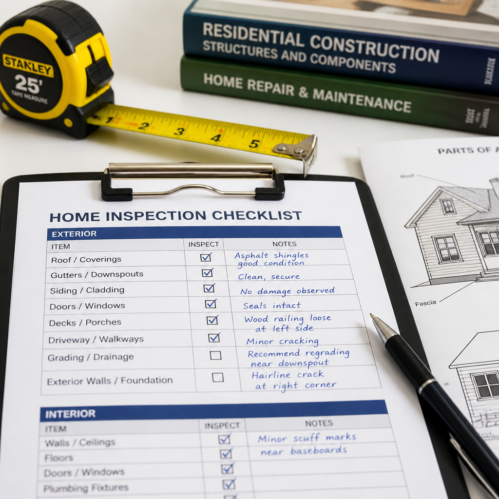 Inspection checklist with measuring tools and documentation materials