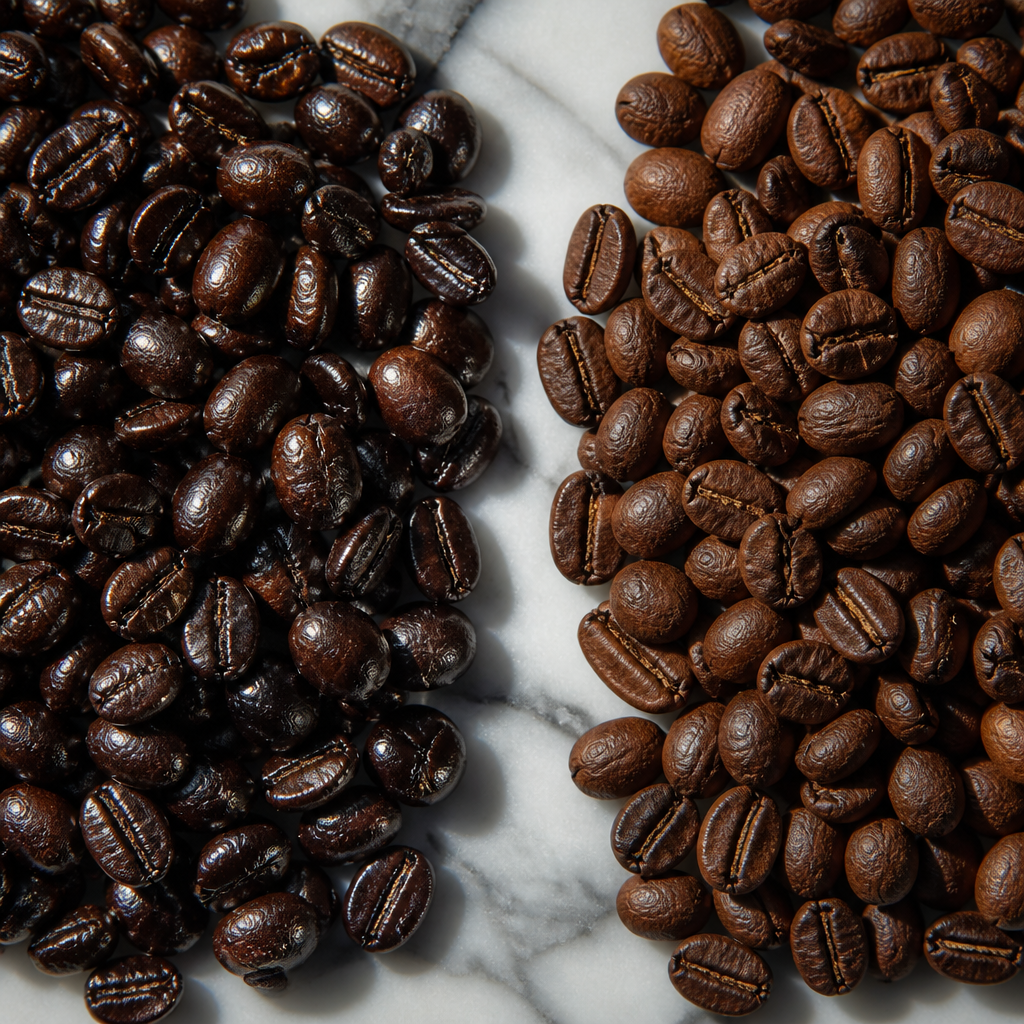 Two piles of dark roast coffee beans showing the visual difference between Italian blend and French Continental