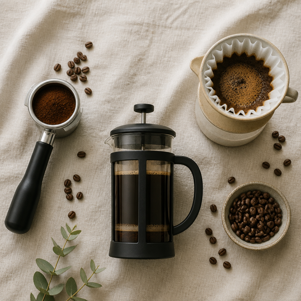 Three different coffee brewing methods arranged for comparison and selection