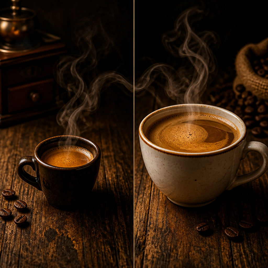Two contrasting coffee drinks representing Italian espresso intensity and French Continental café style