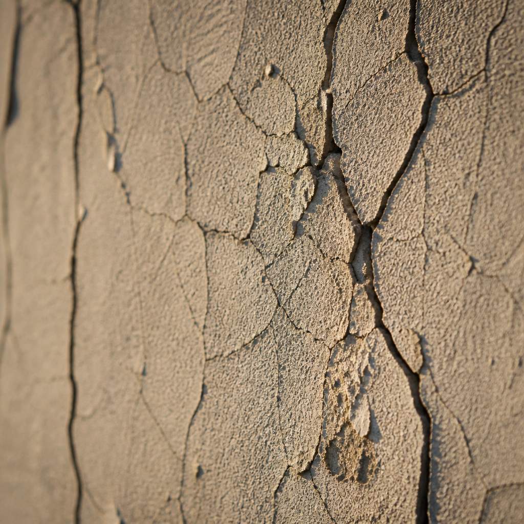 Gros plan de fissures superficielles et profondes dans une facade en béton avec éclairage naturel