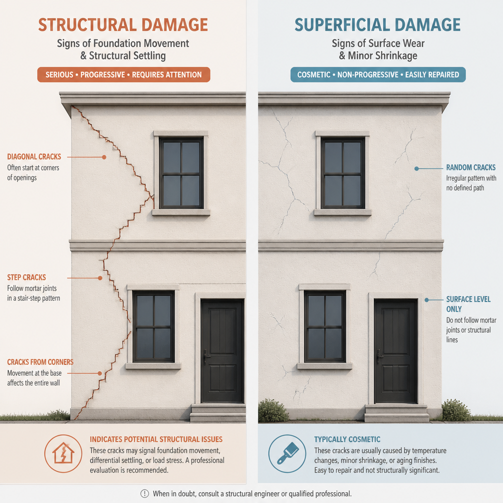 Comparaison visuelle de fissures structurelles versus fissures superficielles sur une facade