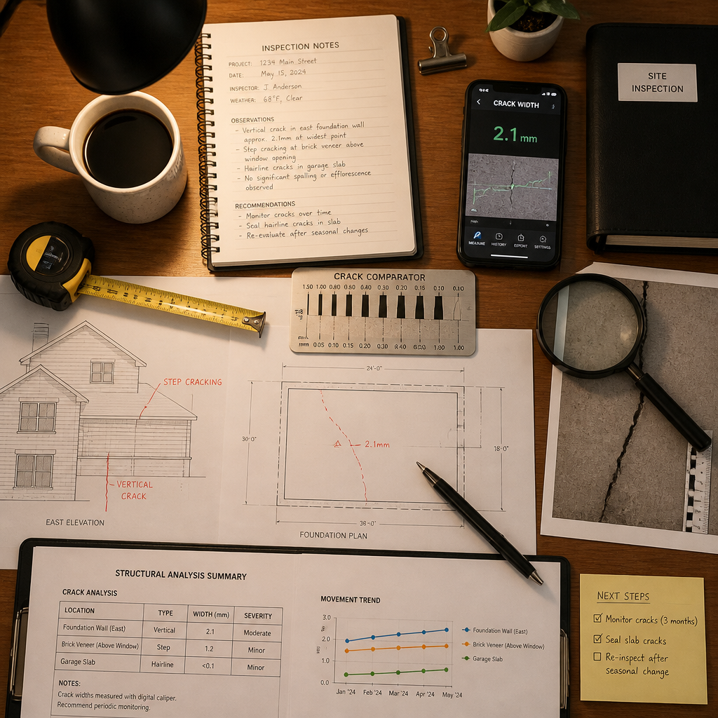 Espace de diagnostic professionnel avec outils d'inspection pour évaluer les fissures de facade