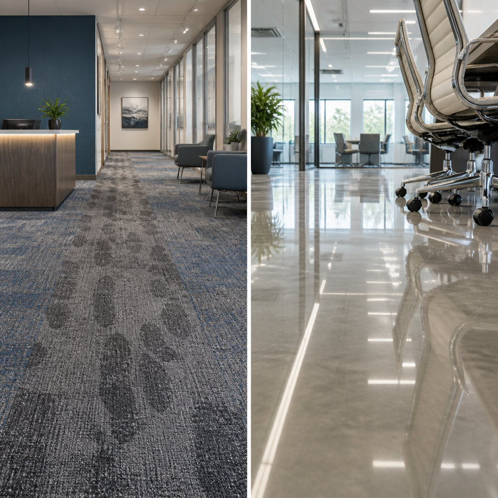 Comparison of commercial carpet and hard floor surfaces side by side