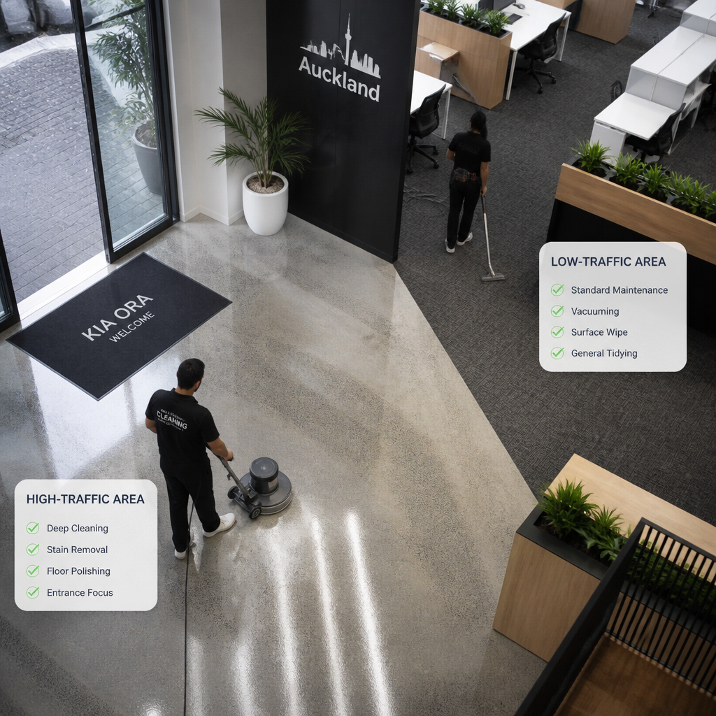 Commercial office spaces with varying floor cleaning zones based on traffic levels