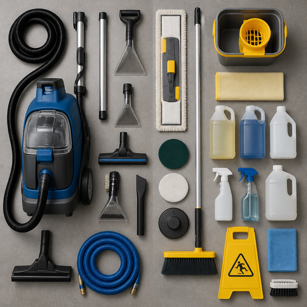 Array of different commercial cleaning equipment for carpet and hard floors