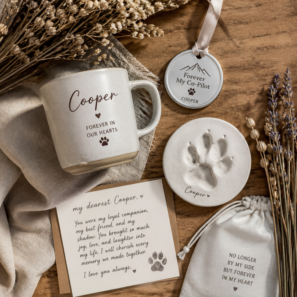 Curated display of diverse dog memorial products including mug, ornament, and paw print keepsake
