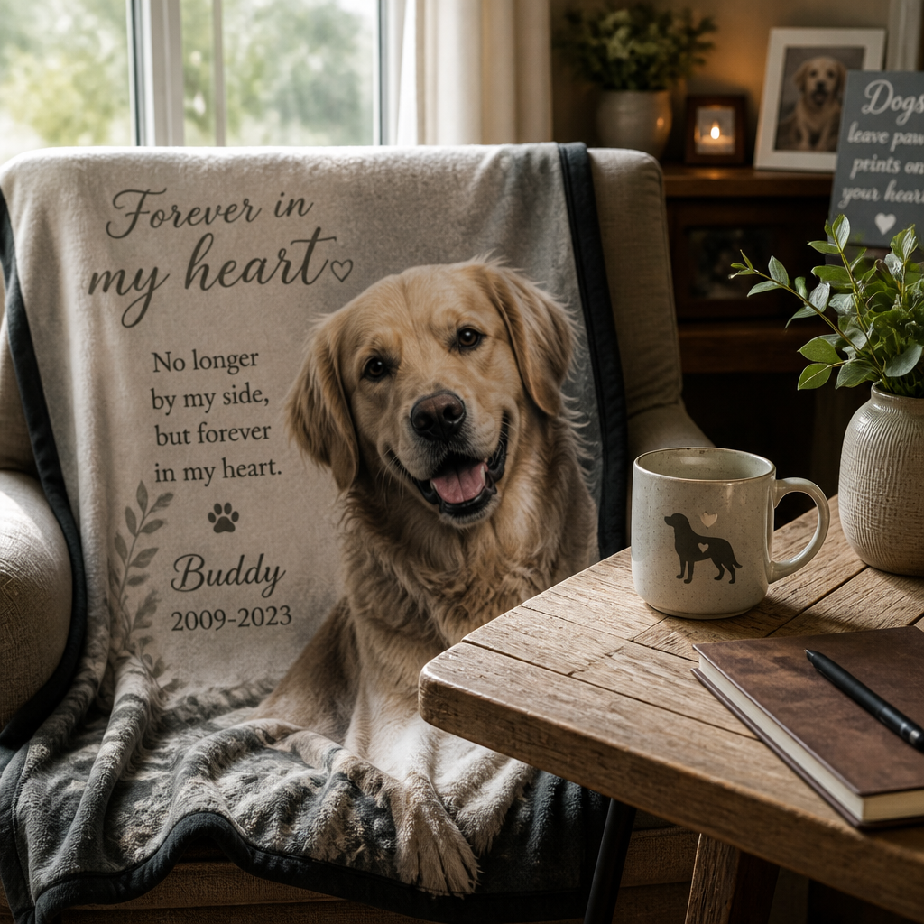 Pet memorial blanket and custom ceramic mug arranged in a quiet, comforting space