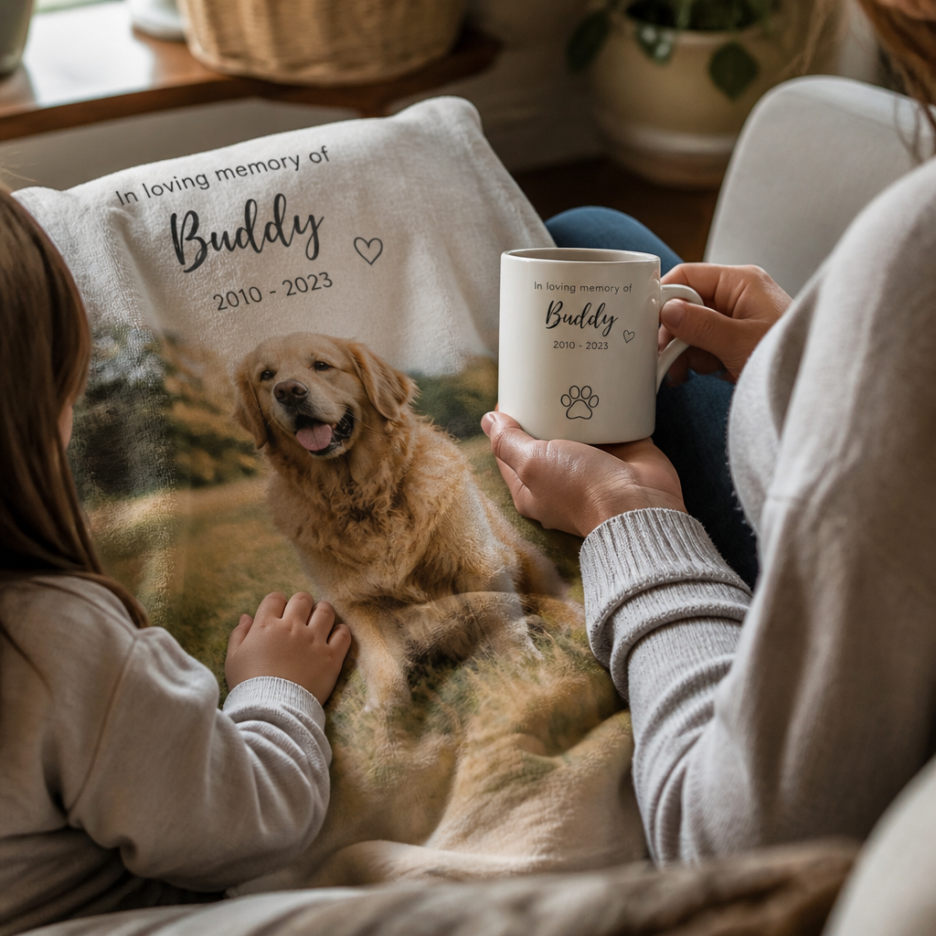 Parent and child holding a pet memorial mug together, sharing a quiet moment of remembrance.