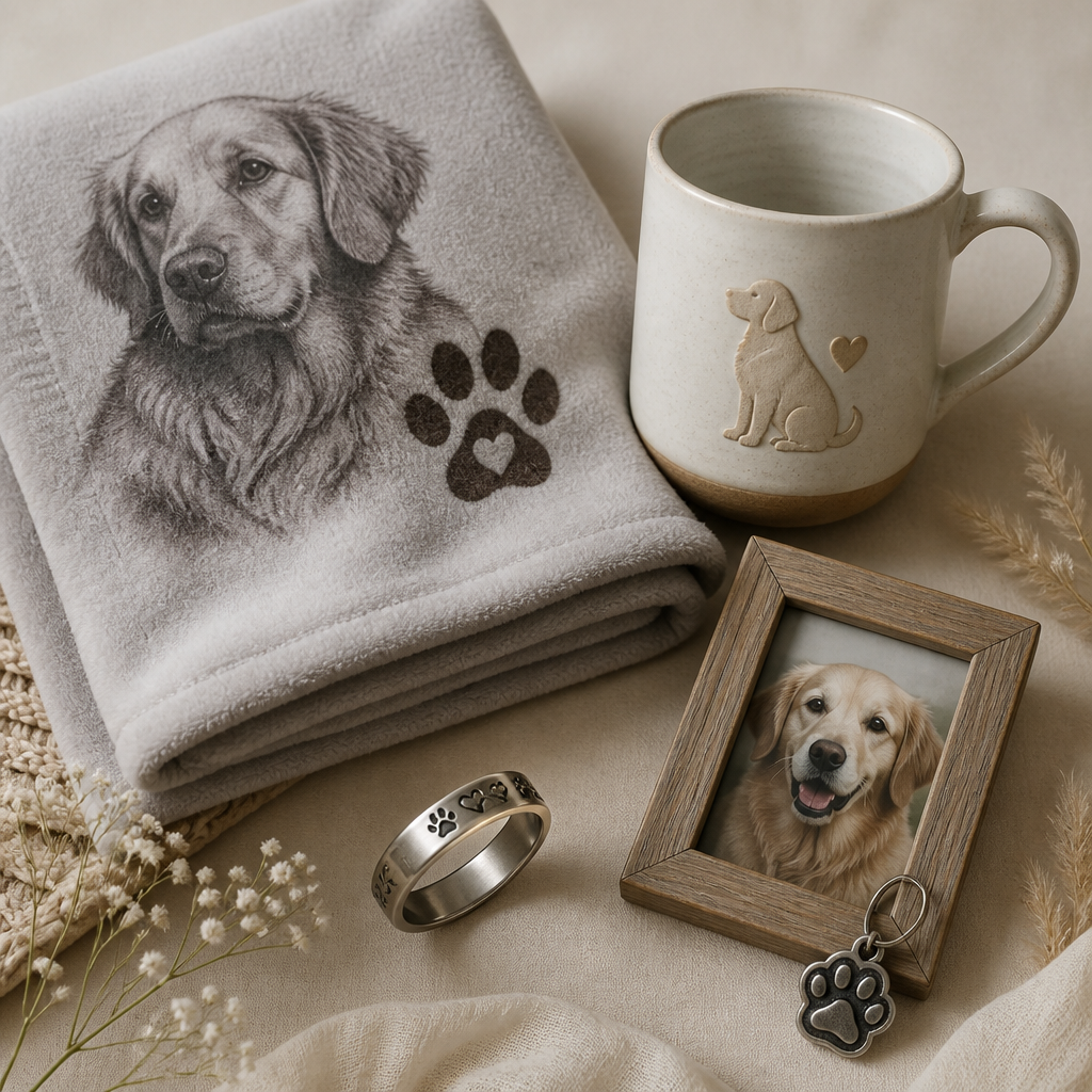 Collection of pet memorial products arranged on a neutral surface, showcasing engraved rings, blankets, and personalized mugs.