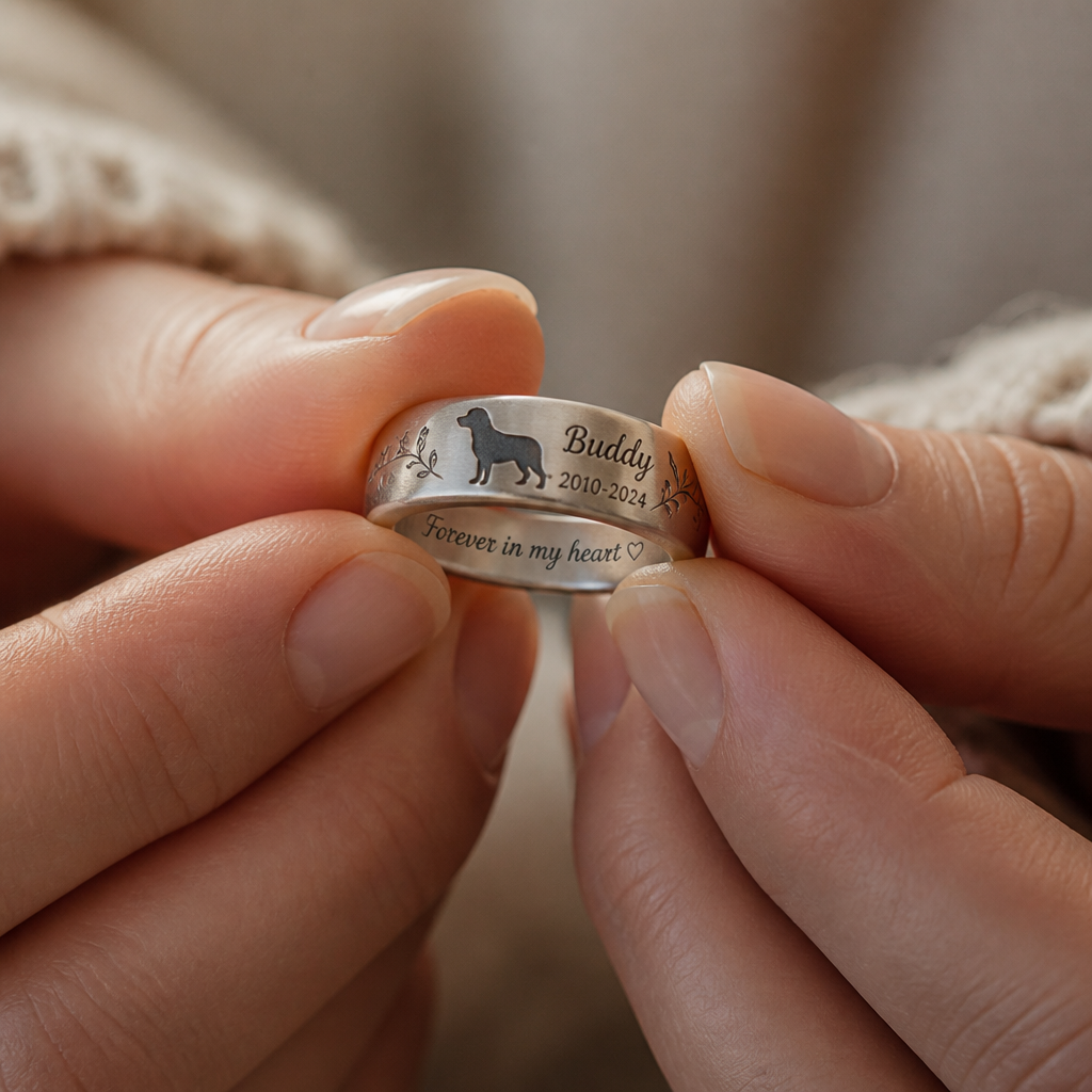 Hands holding an engraved pet memorial ring with custom text