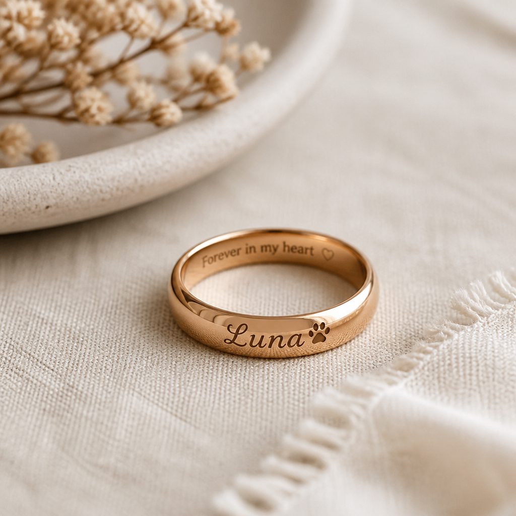 Personalized engraved pet memorial ring on neutral fabric