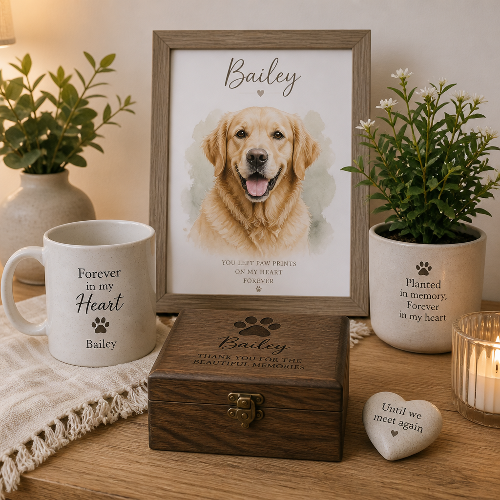 An arranged pet memorial collection with ceramic mug, keepsake box, portrait, and memorial plant