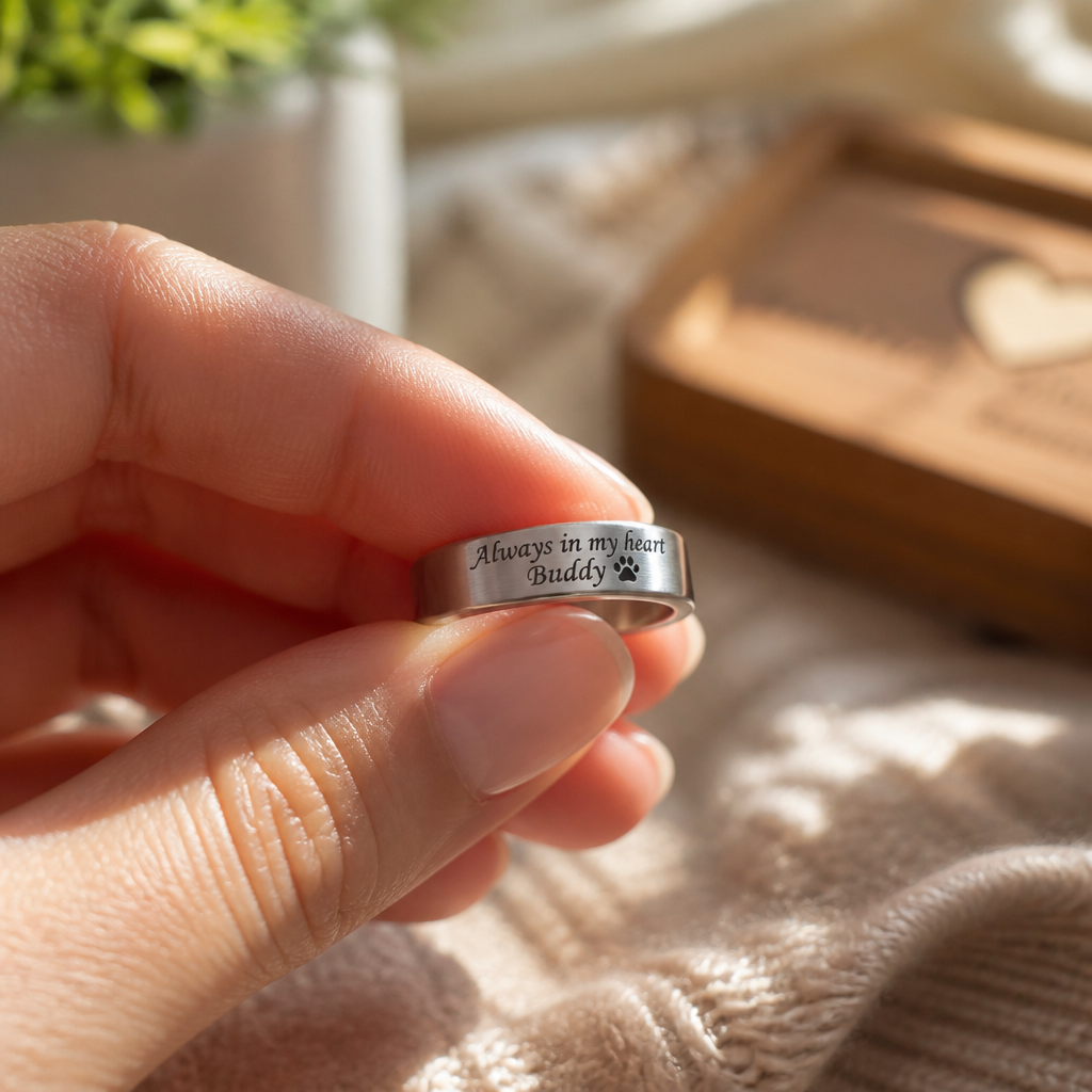 Close-up of a personalized pet memorial engraved ring held gently in a hand, symbolizing remembrance