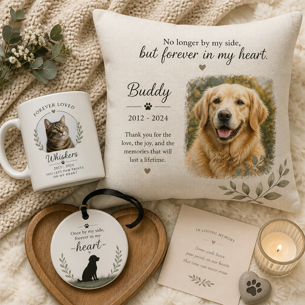 Assorted pet memorial products including mug, ornament, and pillow arranged as meaningful tributes