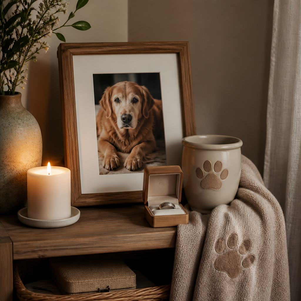 A peaceful pet memorial corner with framed photo, engraved mug, personalized blanket, and memorial ring arranged on a shelf with warm lighting.