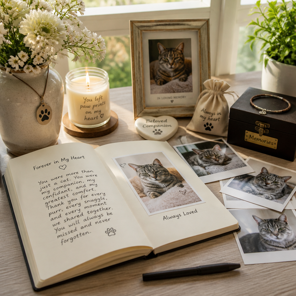 A thoughtful workspace with journal, pet photos, keepsakes, and candles arranged for creating a pet tribute display.
