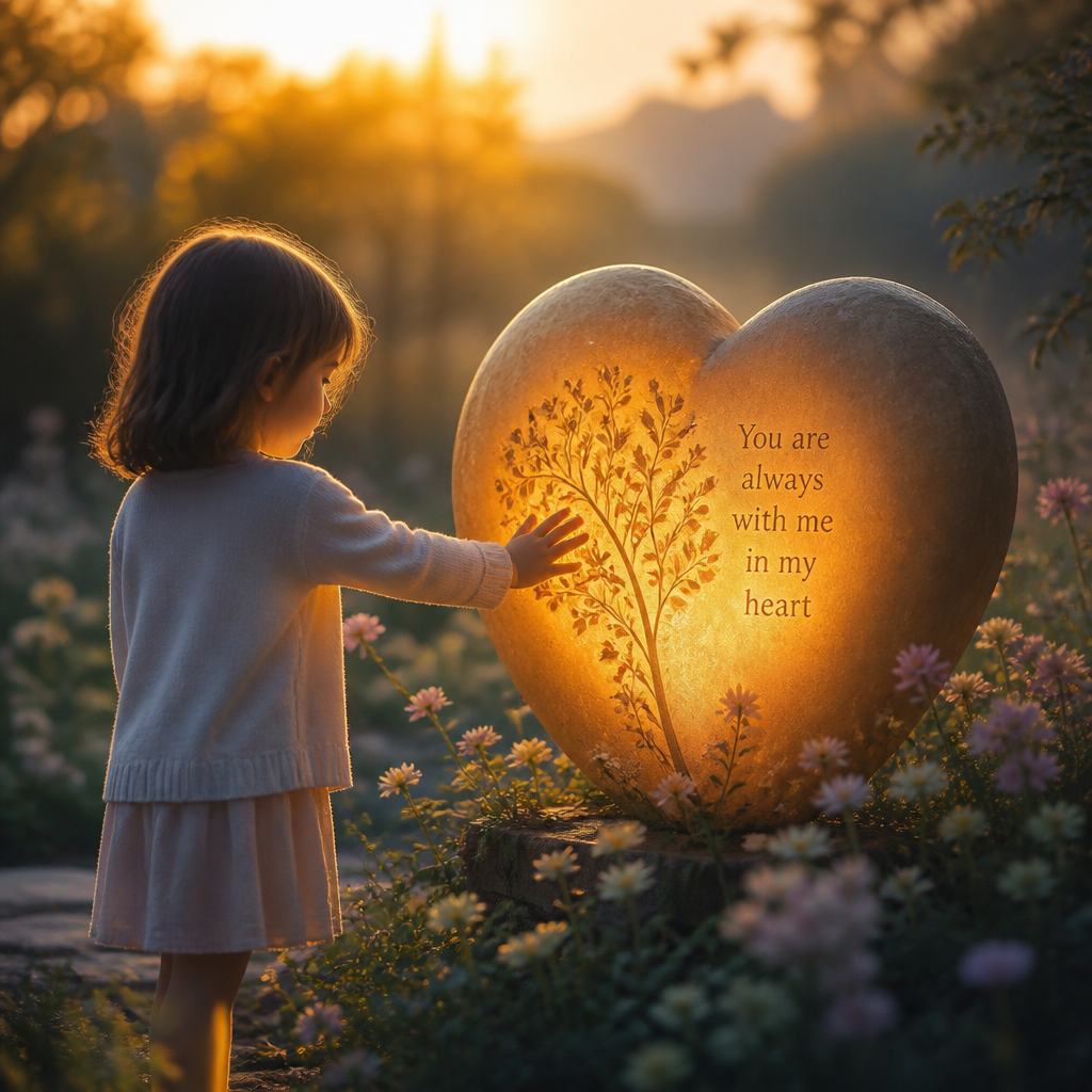 Symbolic representation of a child's grief journey and healing through a meaningful tribute in a peaceful setting