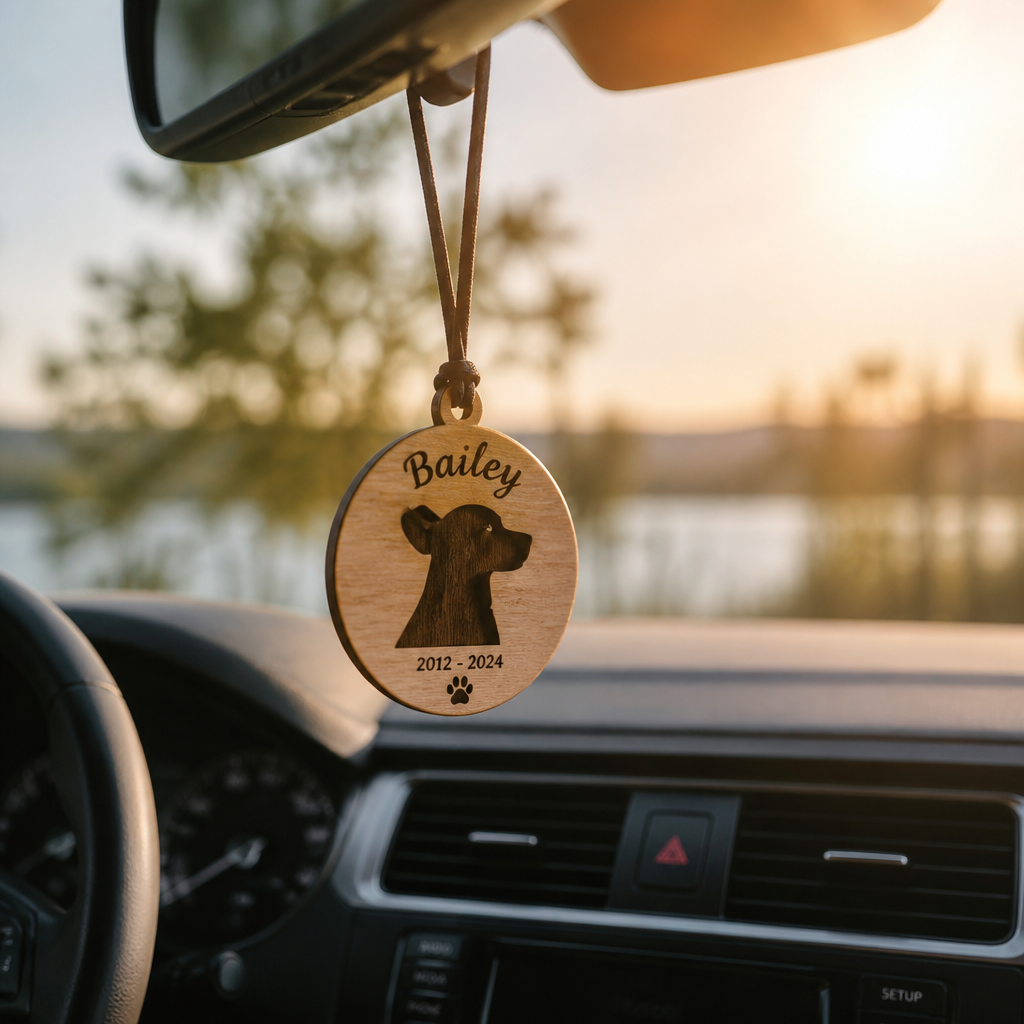 Custom pet memorial car ornament hanging in vehicle dashboard area