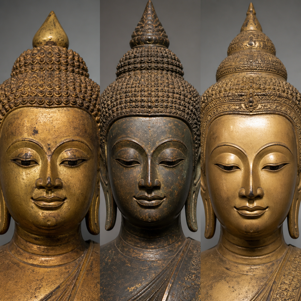 Three Burmese Buddha statue faces showing distinct Pagan, Shan, and Mandalay style characteristics