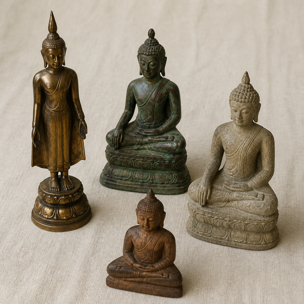 Curated collection of four Burmese Buddha statues in different materials and styles arranged for collector comparison