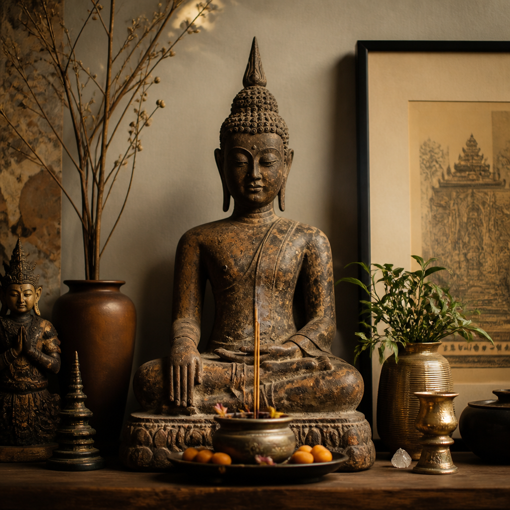 Pagan-period Burmese Buddha statue displayed as a meditation focal point in a thoughtfully styled home altar setting
