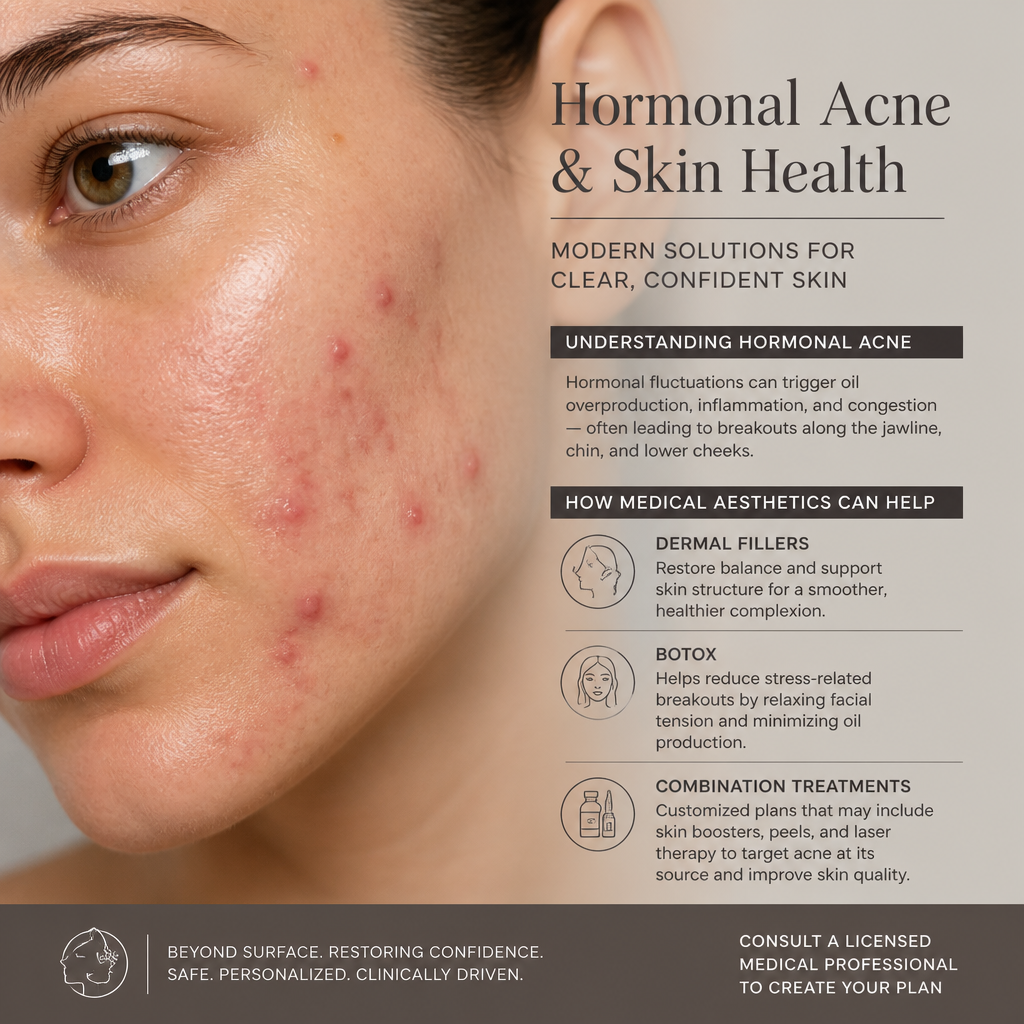 Close-up of hormonal acne on cheek and jawline showing congestion and inflammation