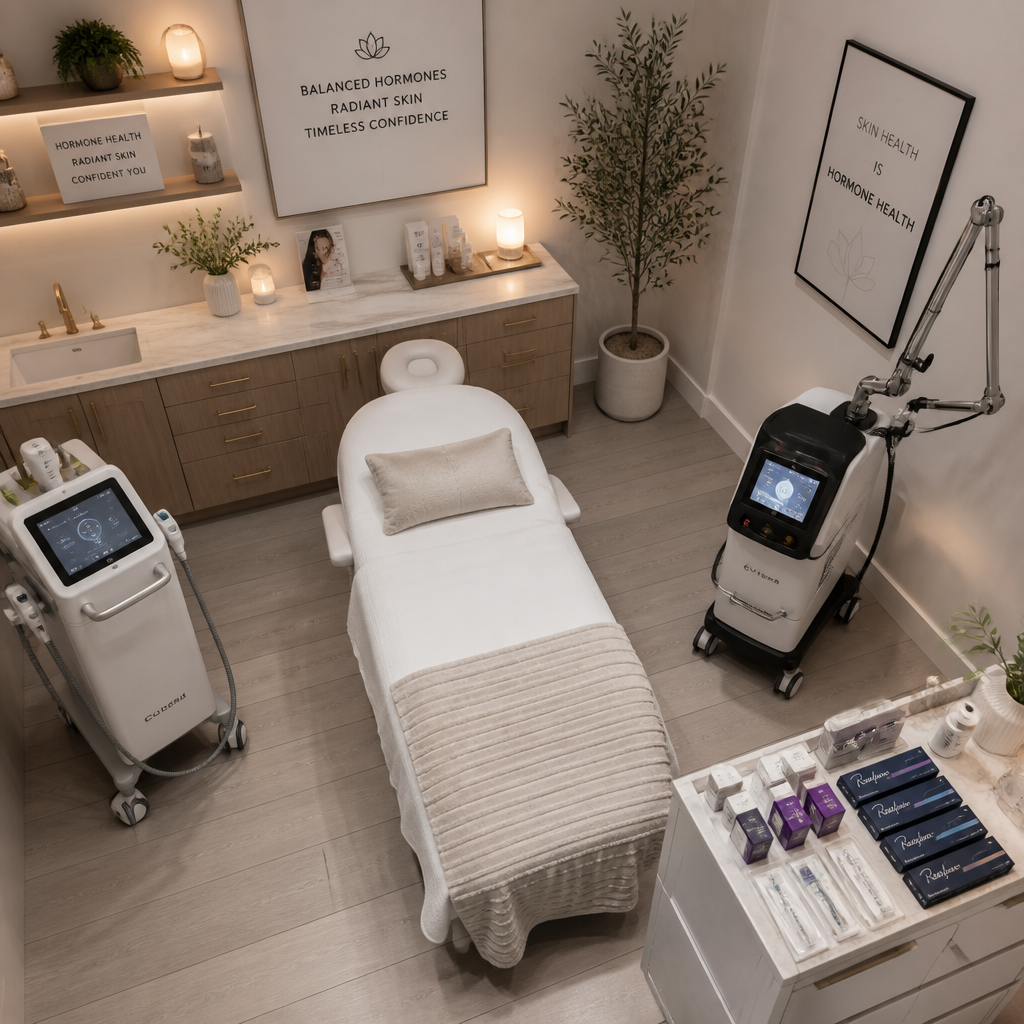 Professional medical spa treatment room with aesthetic equipment and serene clinical environment