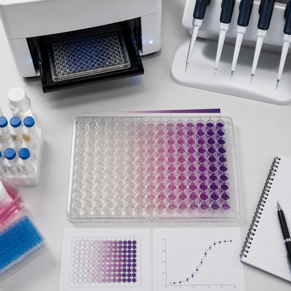 Multi-well cell-based assay plate showing retatrutide dose-response gradient across different concentrations